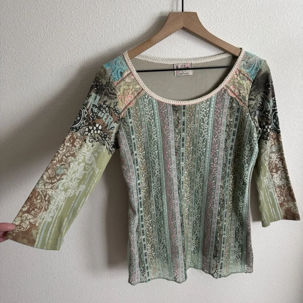 Vtg 90s‎ Lace Top Womens Large Pastel Pink Blue Phoebe Friends Festival Boho USA - Picture 4 of 16